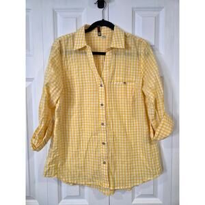 Kut From The Kloth Womens Shirt Size M Yellow Plaid Button Up Roll Tab Sleeve